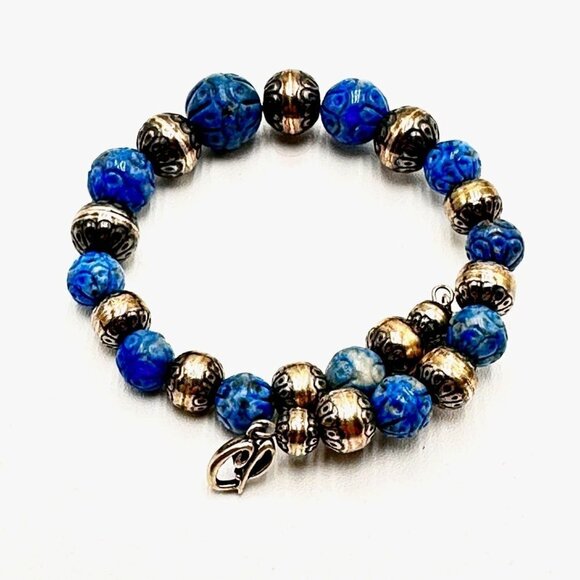Carolyn Pollack Sterling Silver Bench Bead Carved Denim Lapis Coil Bracelet - Picture 2 of 3
